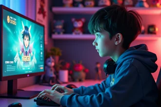 Adolescent jouant à Anime Adventures sur PC avec interface de codes visible à l'écran dans une chambre décorée de figurines manga