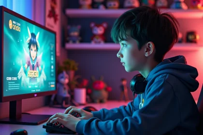 Adolescent jouant à Anime Adventures sur PC avec interface de codes visible à l'écran dans une chambre décorée de figurines manga