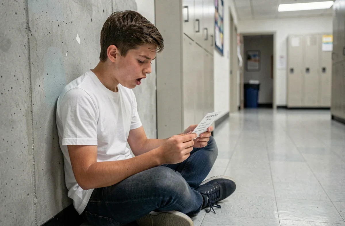 Adolescent concentré sur une devinette logique difficile dans un couloir scolaire, illustrant la stimulation cognitive et mémorielle