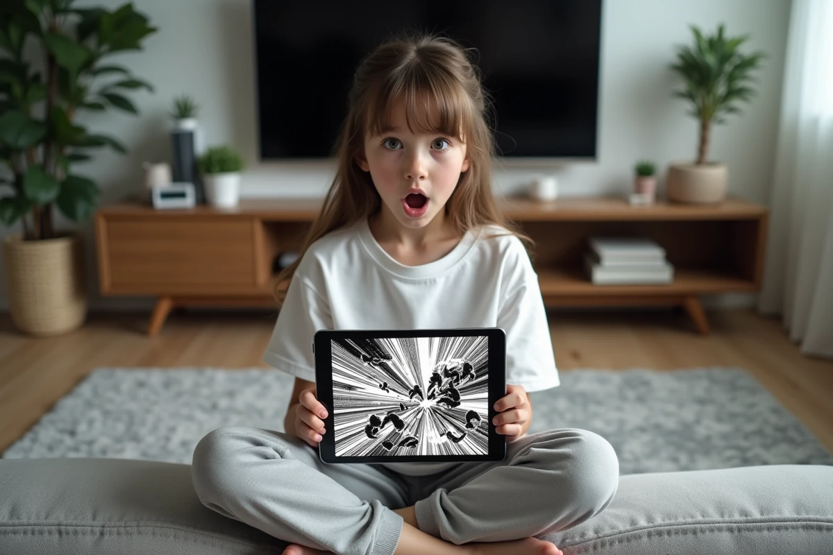 Adolescente lisant un chapitre de manga One Piece sur tablette avec une expression de surprise