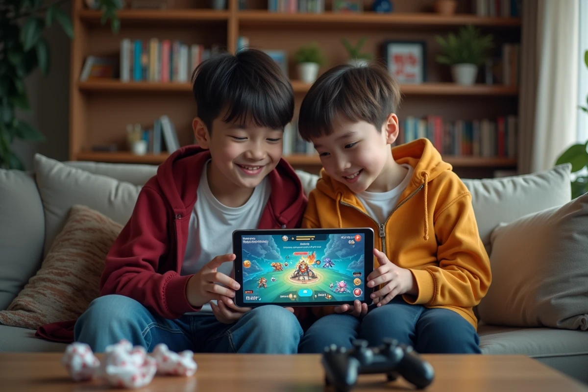 Deux adolescents jouant ensemble à Anime Adventures sur tablette dans un salon, découvrant des codes pour améliorer leur équipe