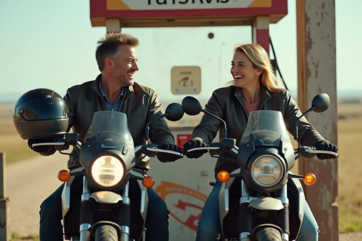 Deux amis en moto partageant un rire à la station essence