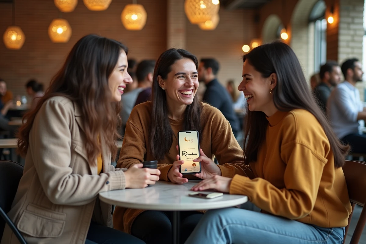 Groupe d'amis partageant des vœux de bon Ramadan sur smartphone autour d'une table dans un café tendance