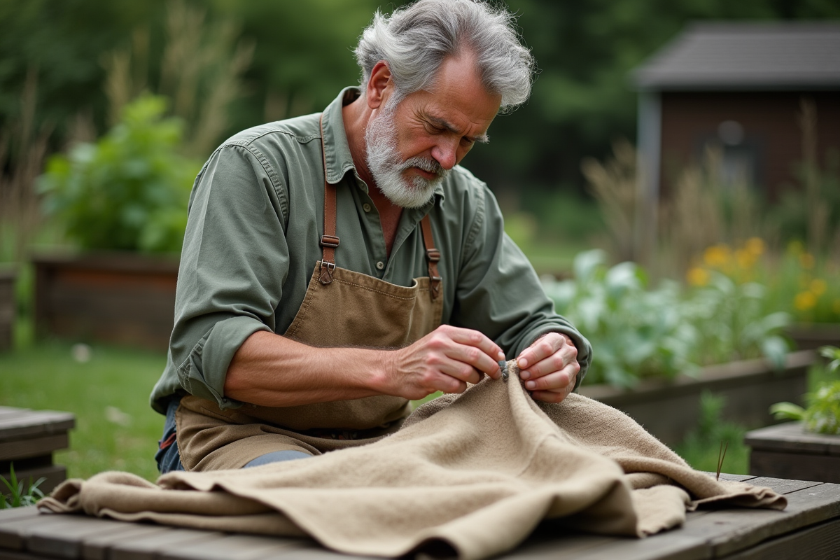 Artisan réparant une veste écologique dans un jardin communautaire