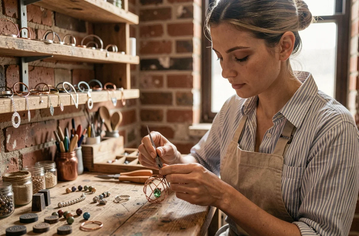 Artisane joaillière de L'Atelier d'Amaya façonnant un bijou artisanal personnalisé dans un atelier chaleureux à murs en briques