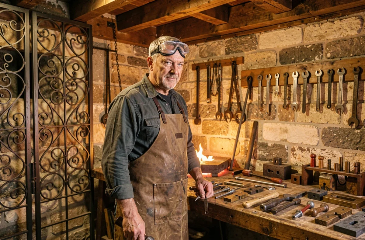 Artisan serrurier-métallier Laurent Rabeau dans son atelier de création près d'Angers
