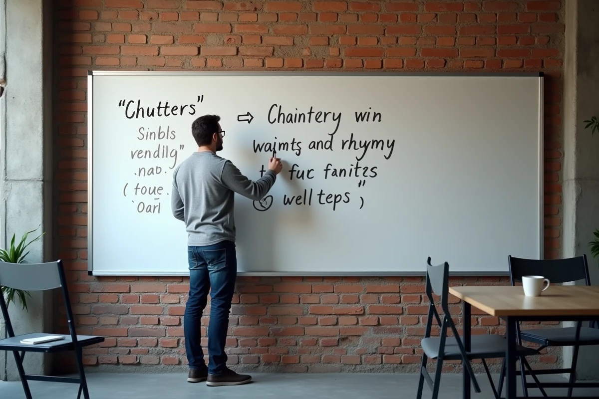 Auteur masculin notant des rimes en o sur un tableau blanc dans un atelier d'écriture urbain
