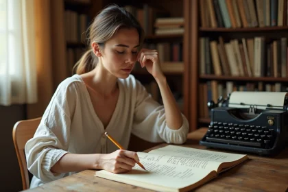 Femme écrivaine cherchant une rime sur un carnet de notes manuscrites dans un bureau chaleureux rempli de livres