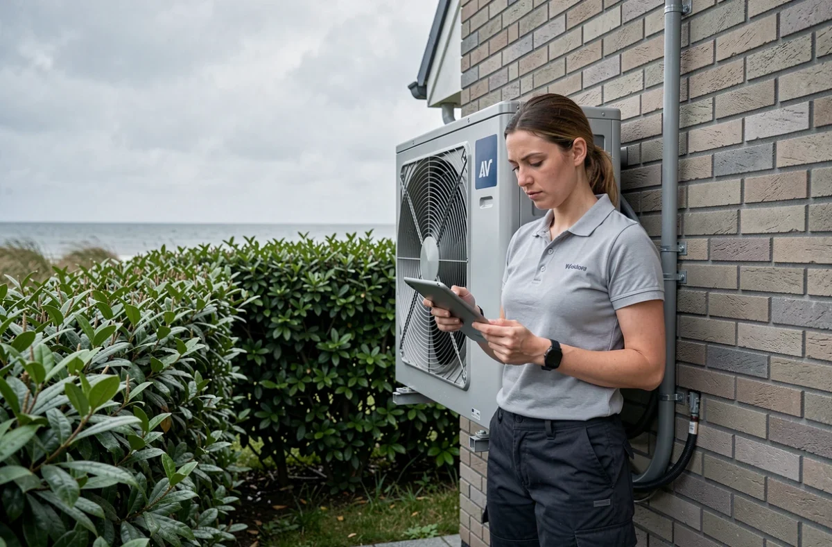 Technicienne Az Climatique SARL inspectant une pompe à chaleur air-air sur la façade d'une maison vendéenne