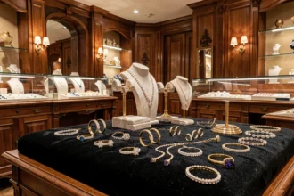 Vue d'ensemble d'une bijouterie élégante dans le Nord de la France avec vitrines en verre, bijoux en or et pierres précieuses sur velours sombre