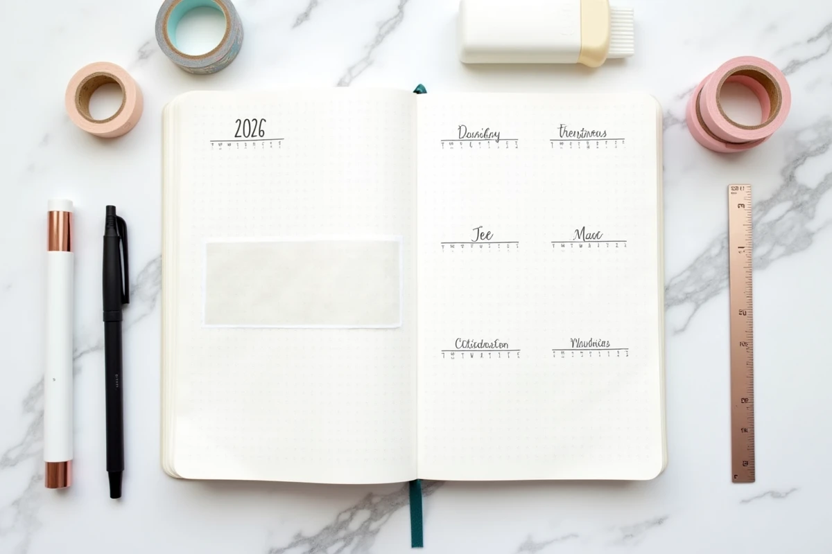 Vue de dessus d'un bullet journal ouvert avec un calendrier trimestriel 2026 collé et des accessoires de papeterie sur marbre blanc