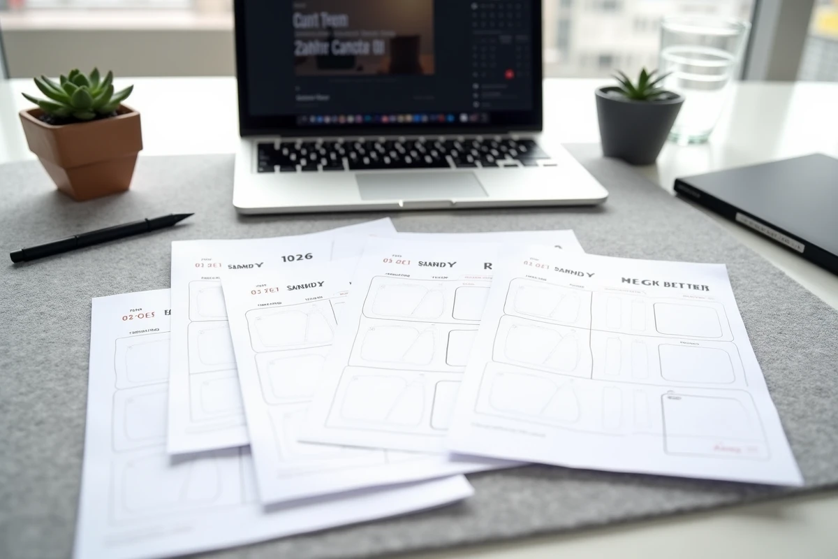 Bureau organisé avec des gabarits imprimés de calendrier trimestriel 2026 pour bullet journal et un ordinateur portable affichant un modèle PDF