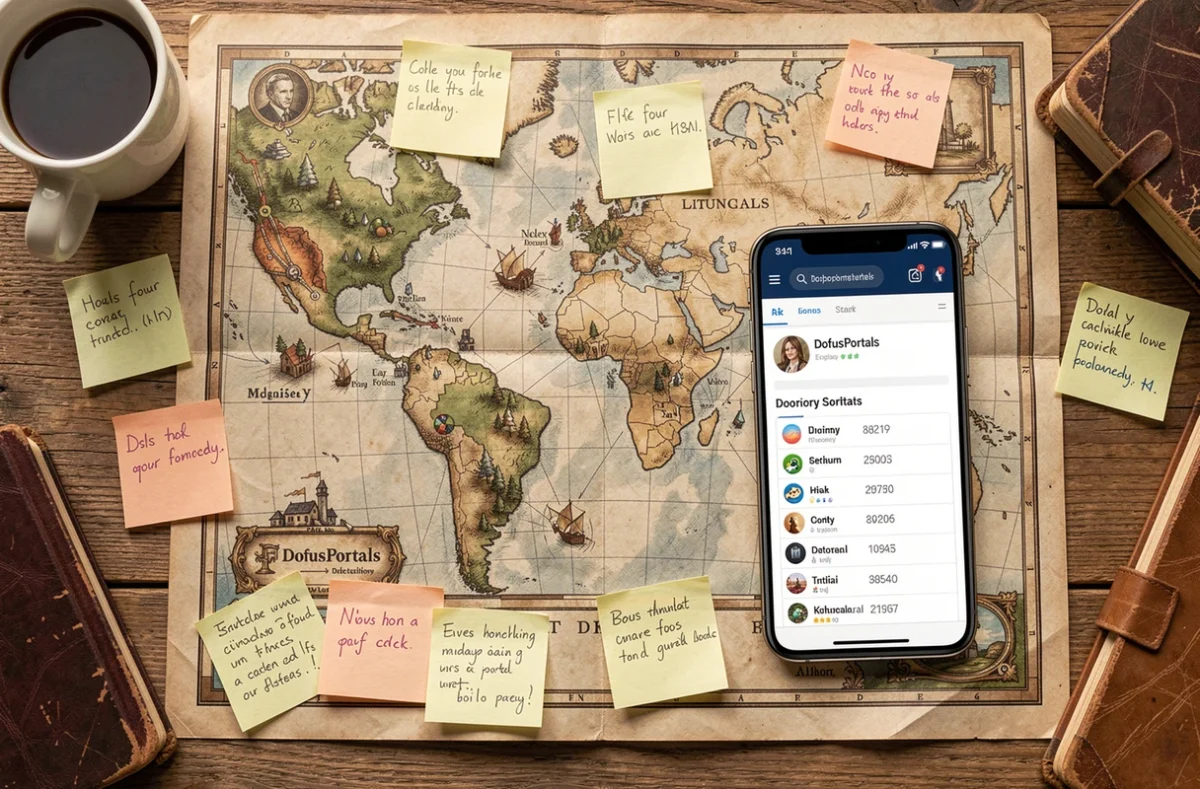 Vue de dessus d'un bureau avec carte Dofus annotée et smartphone affichant le site DofusPortals pour localiser les portails