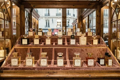 Vitrine de collection Civette Paris avec flacons de parfum en édition limitée sur étagères en chêne ancien dans une boutique parisienne classique