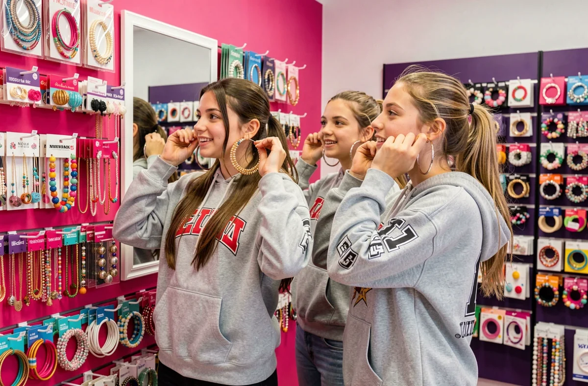 Intérieur coloré d'un magasin Claire's à Lille avec rayons de bijoux fantaisie, accessoires tendance et deux adolescentes essayant des boucles d'oreilles