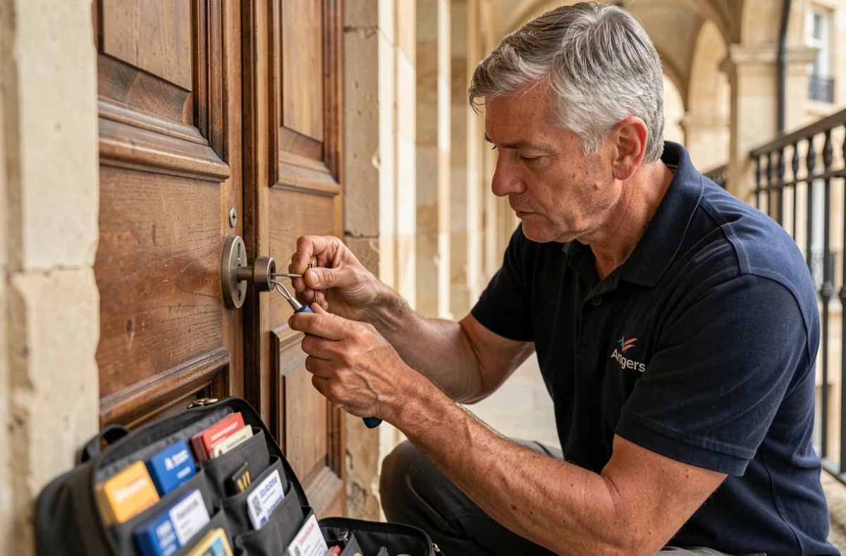 Serrurier d'urgence à Angers travaillant sur une serrure de porte d'appartement