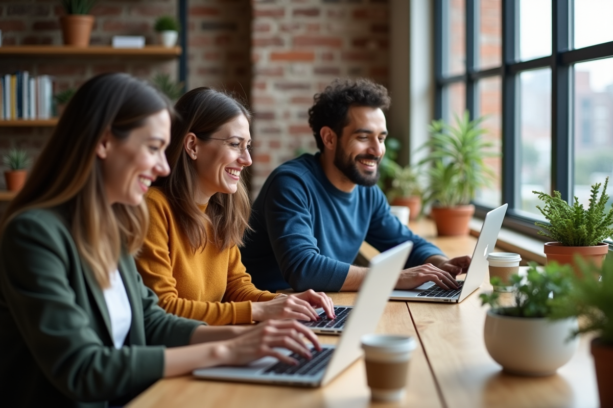 Trois collègues souriants travaillant ensemble dans un espace coworking