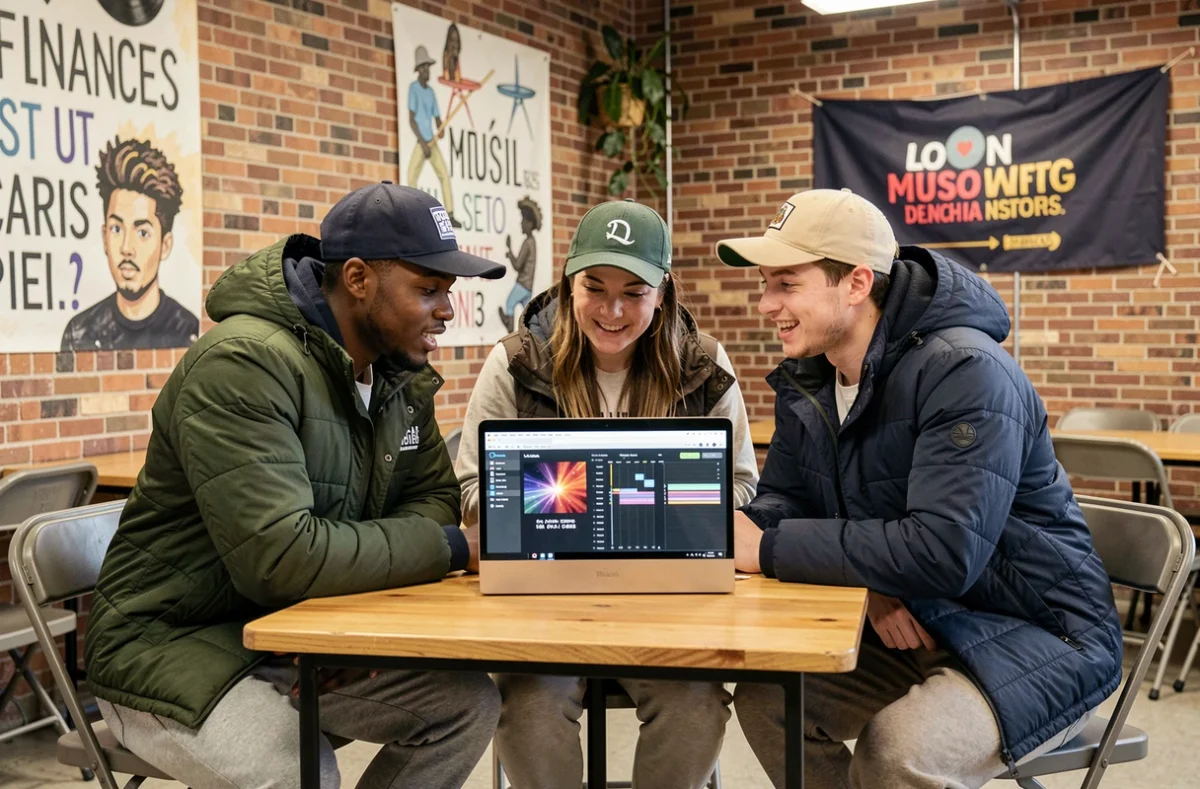 Groupe de jeunes rappeurs du Val-d'Oise collaborant autour d'une plateforme musicale dans un centre culturel de banlieue