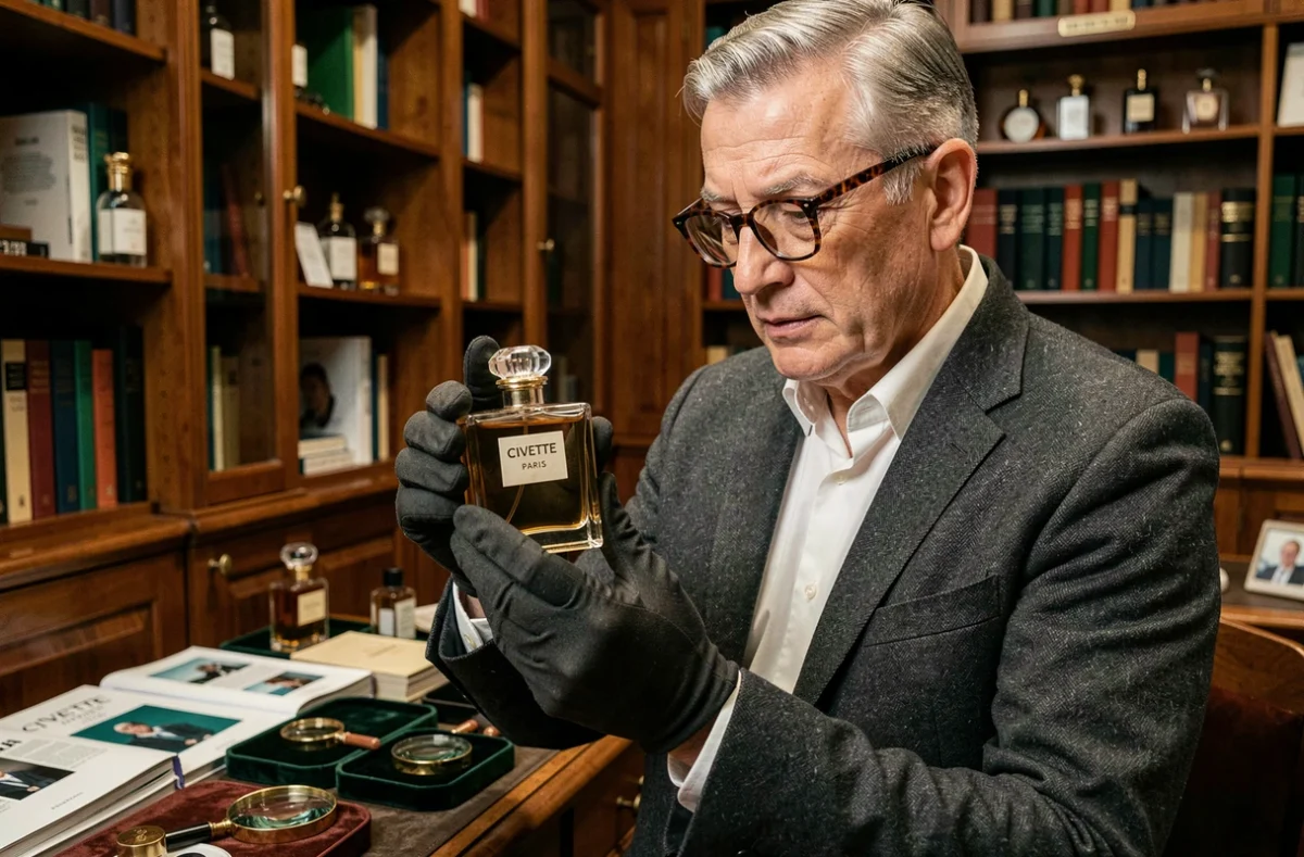 Collectionneur parisien examinant un rare flacon de parfum Civette Paris en édition limitée dans son bureau privé