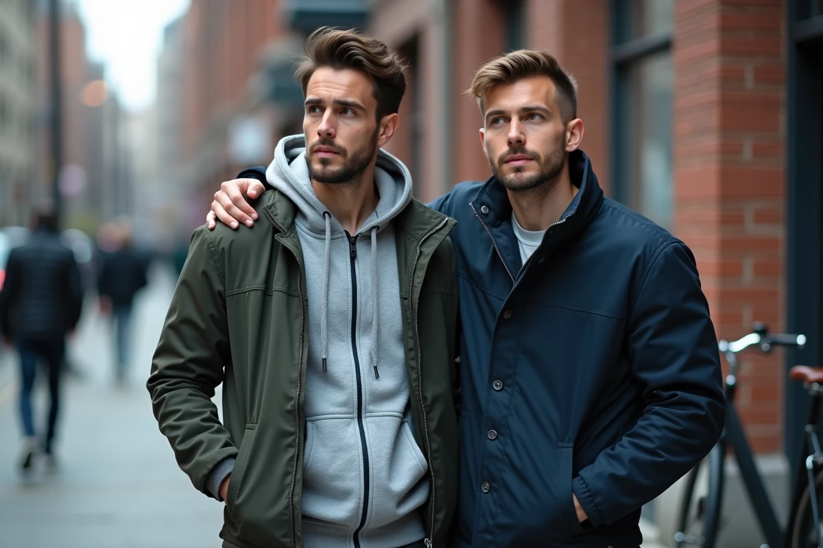 Deux hommes côte à côte dans une rue urbaine, l'un posant une main réconfortante sur l'épaule de l'autre, illustrant le soutien et la confiance dans une relation affective