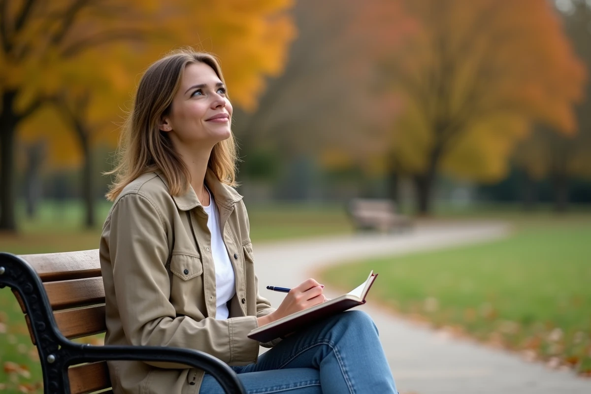 Femme réfléchissant seule sur un banc de parc avec un journal, symbolisant l'introspection sur la confiance en amour et la sécurité émotionnelle