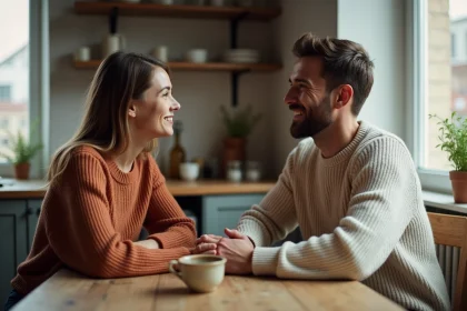 Couple ayant une conversation ouverte et honnête autour d'une table en bois, illustrant la confiance et la sécurité affective en amour