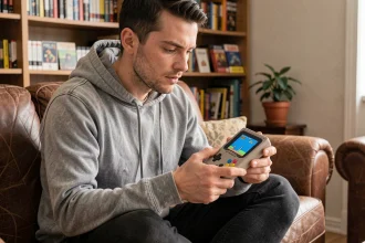 Homme jouant sur une console rétro compacte avec sauvegarde instantanée dans un salon vintage