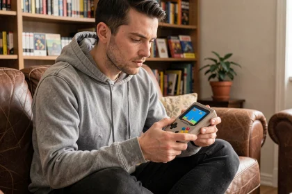 Homme jouant sur une console rétro compacte avec sauvegarde instantanée dans un salon vintage