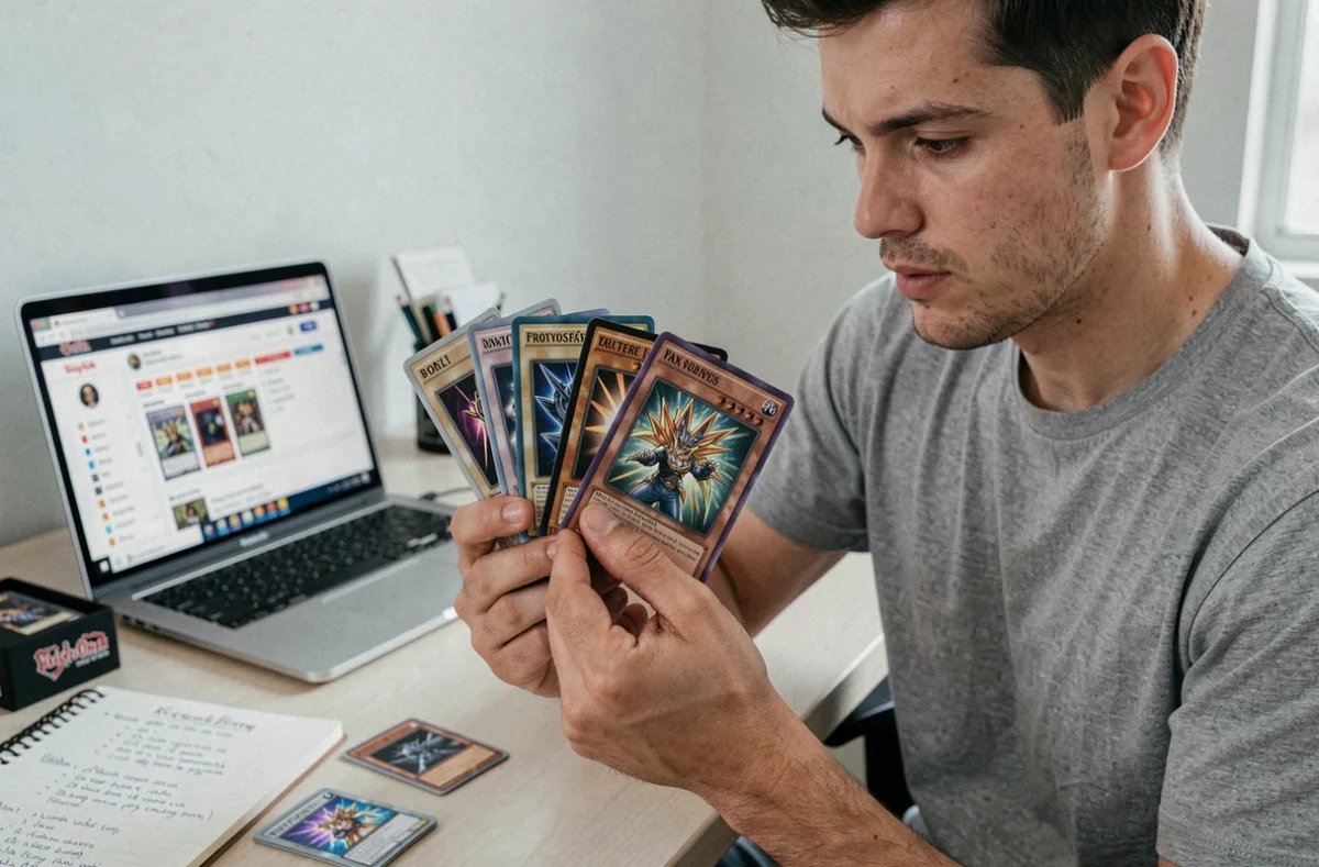Joueur Yu-Gi-Oh en phase de construction de deck méta avec recherche de synergies cachées