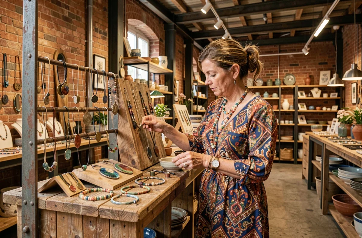 Boutique artisanale COUCOT à Roubaix avec décor industriel chic et bijoux faits main en céramique, émail et métal mixte sur des présentoirs en bois brut