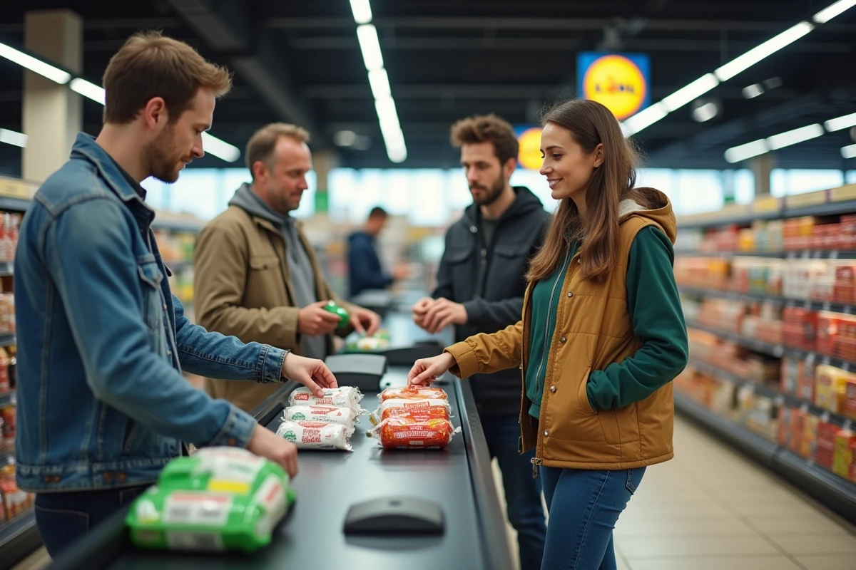 Couple passant en caisse rapidement dans un Lidl calme pour éviter les heures de pointe