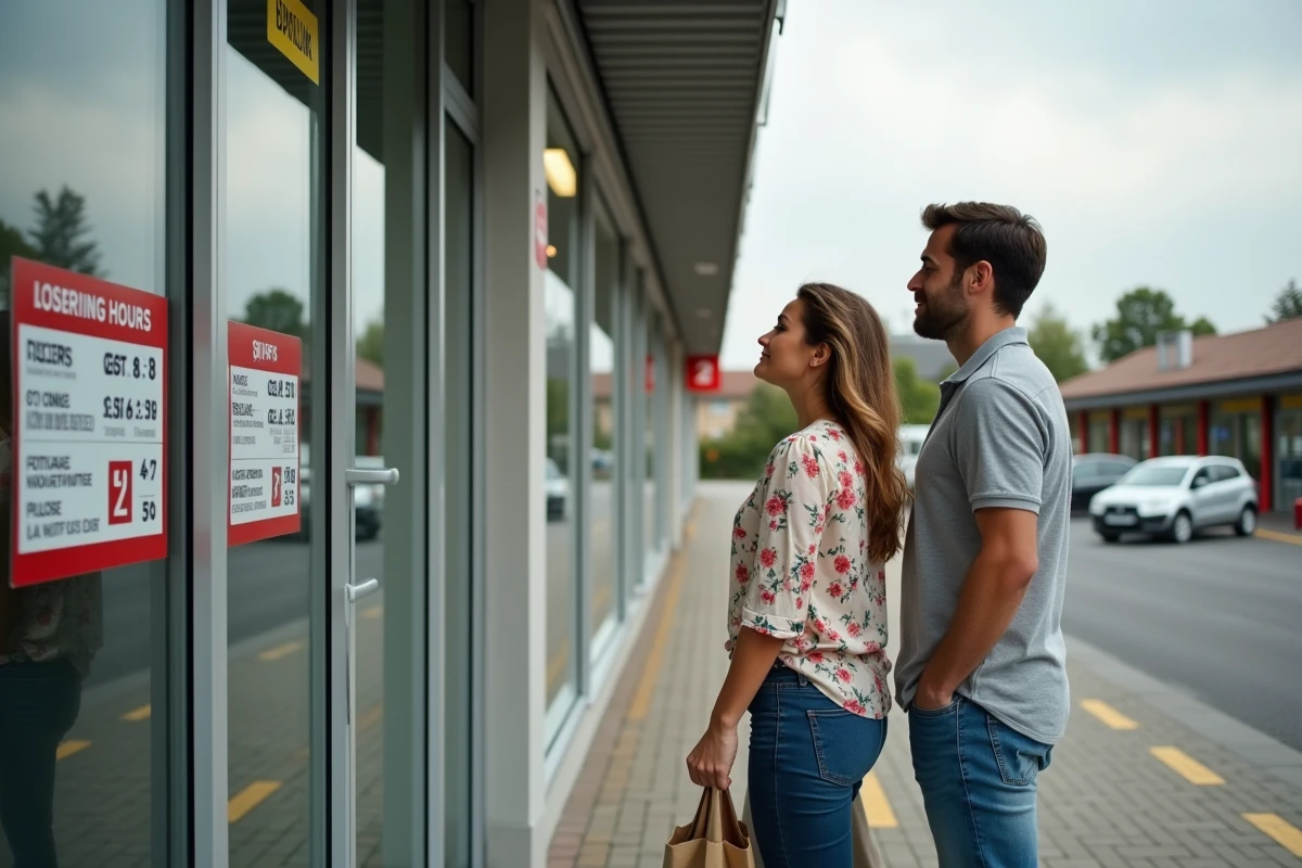 Couple vérifiant les horaires d'ouverture du dimanche affichés sur la porte d'un E.Leclerc