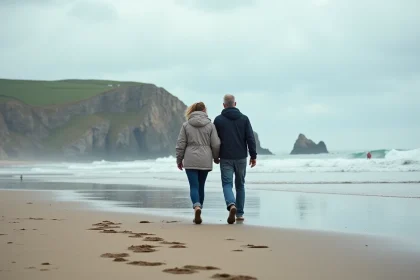 Couple marche sur la plage d Hendaye avec vue sur l océan