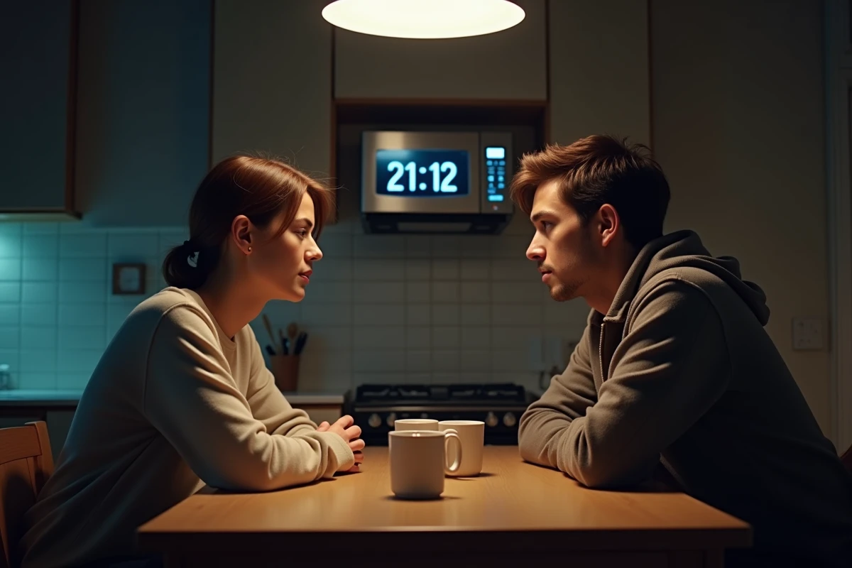 Couple en tension silencieuse dans une cuisine la nuit avec une horloge affichant 21h12, évoquant les blocages émotionnels dans la relation amoureuse