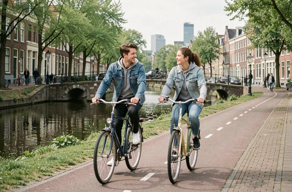 Couple circulant à vélo sur une piste cyclable longeant un canal urbain, représentant les mobilités douces pour réduire la pollution en ville