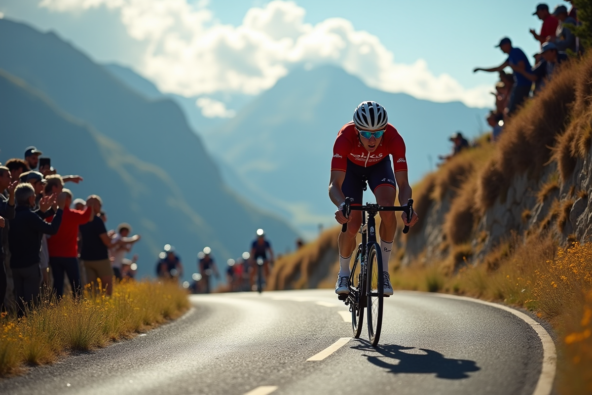 Coureur cycliste en montée au Plateau de Beille avec fans et paysage