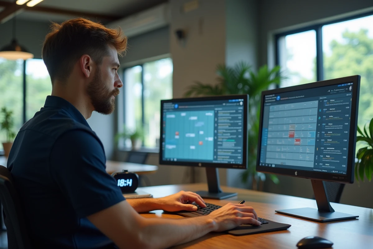 Homme dans un coworking à Kourou en Guyane gérant ses rendez-vous professionnels sur deux écrans avec horloge locale