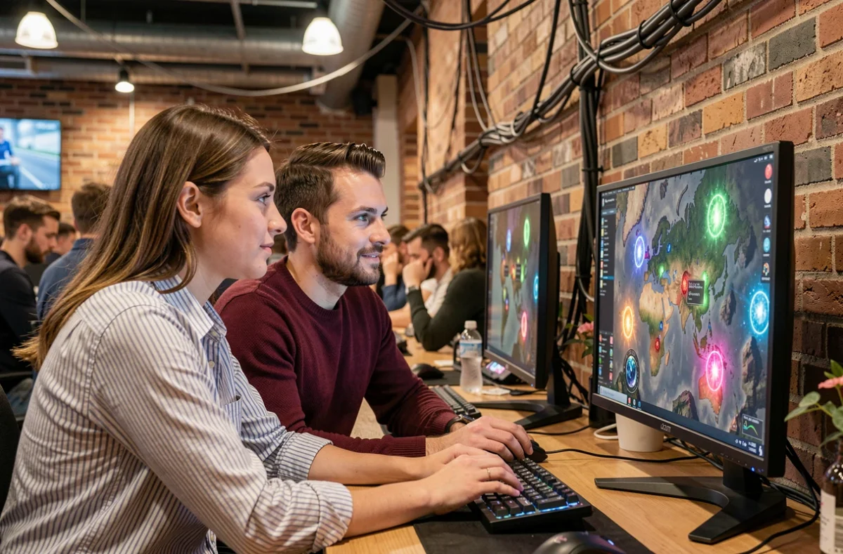 Deux joueurs adultes consultant une carte de portails Dofus 2.0 dans un café gaming ambiance urbaine