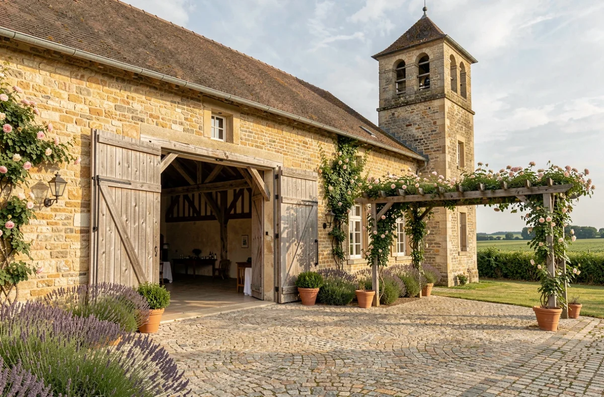 Domaine Saint Pierre, ancienne ferme rénovée en salle de réception avec grange en pierre et cour pavée en Seine-et-Marne