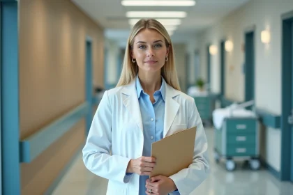 Femme médecin en blouse blanche tenant un dossier dans un couloir d'hôpital moderne, évoquant le personnage du Dr Allison Cameron de la série Dr House