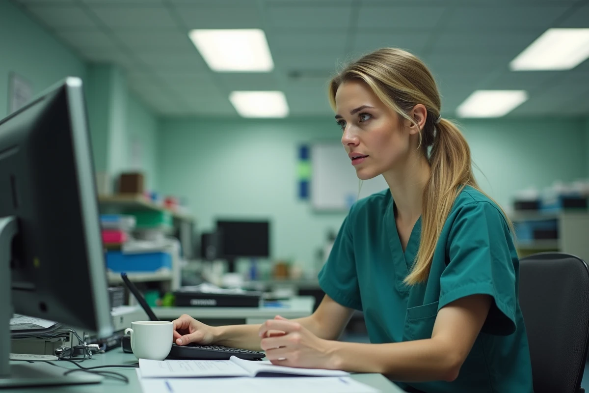 Femme médecin en tenue chirurgicale assise à un bureau d'hôpital consultant des dossiers médicaux, personnage inspiré du Dr Cameron dans Dr House