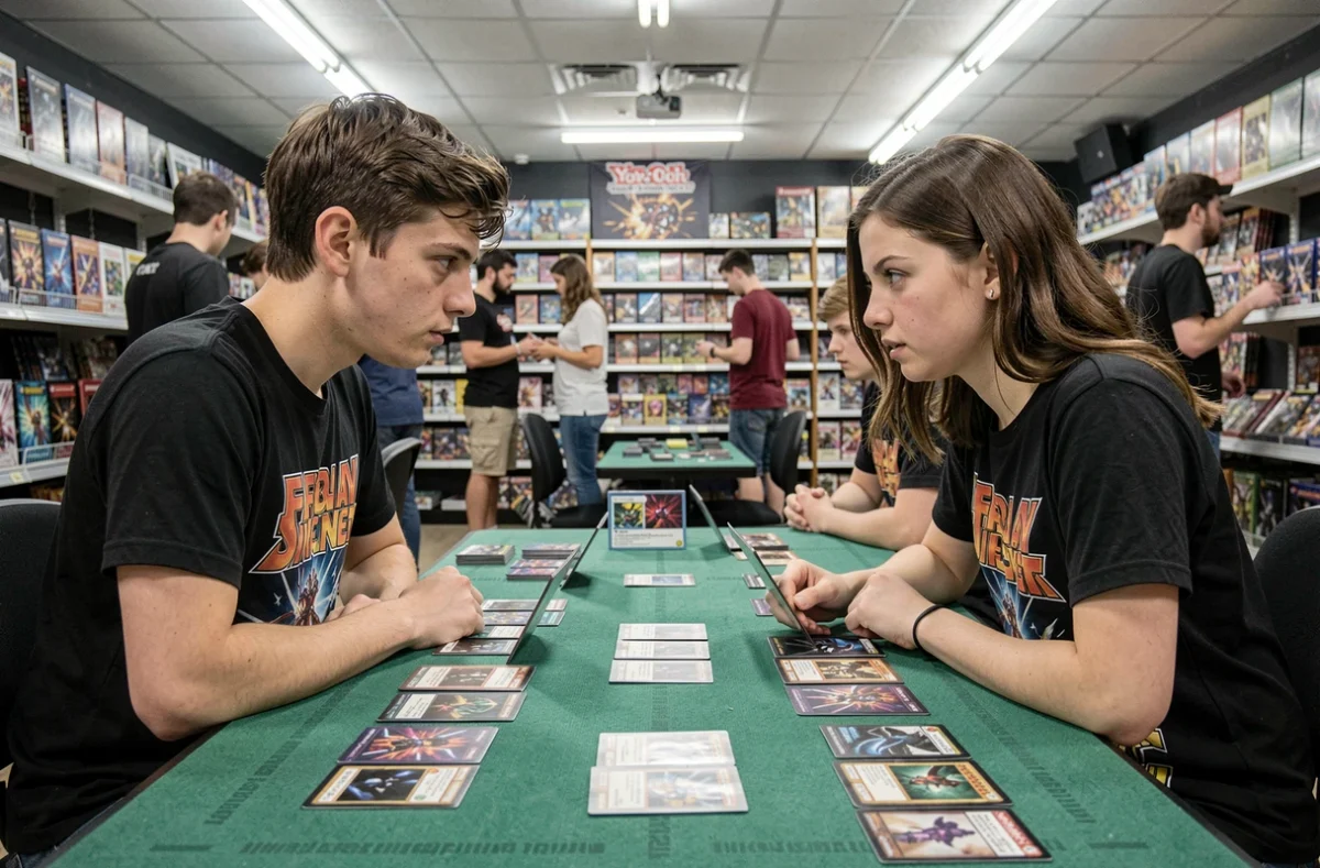 Duel de cartes Yu-Gi-Oh en tournoi local avec synergies de deck méta en action