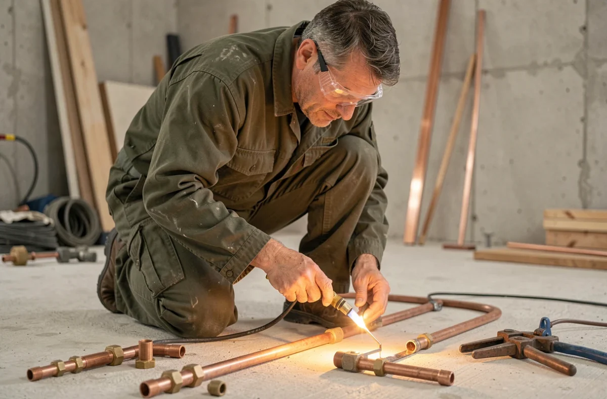 Installateur DVB soudant des canalisations en cuivre dans une construction neuve en Vendée
