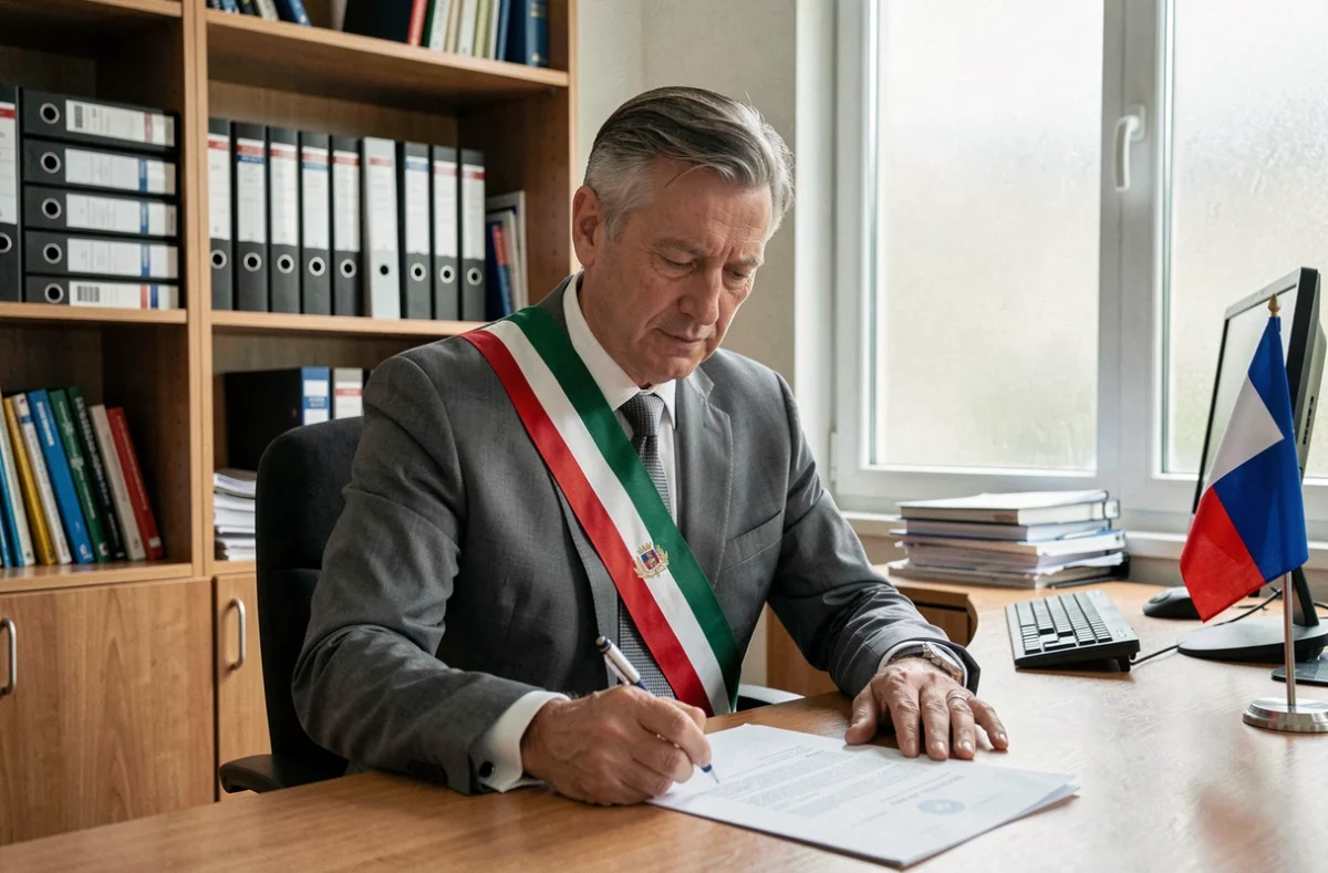 Élu municipal portant l'écharpe tricolore signant un document officiel dans un bureau de mairie