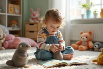 Petite fille curieuse en lecture dans une chambre enfant
