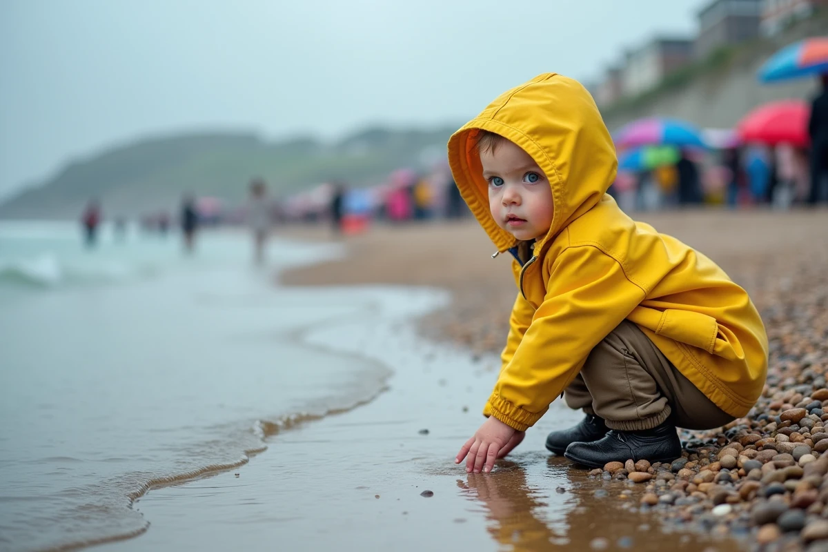 Enfant en imper jaune observe la marée montante à Hendaye