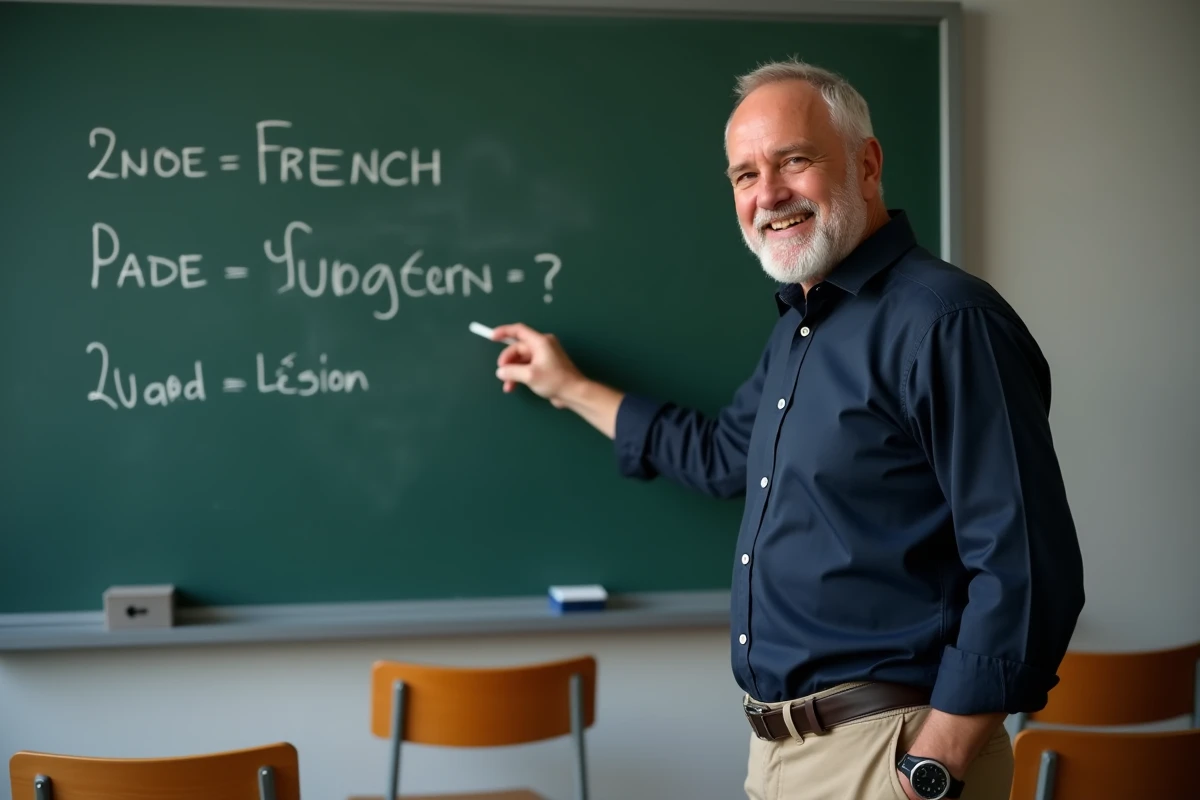 Enseignant pointant des conjugaisons de verbes au tableau noir dans une salle de classe, expliquant la règle du participe passé mis ou mit