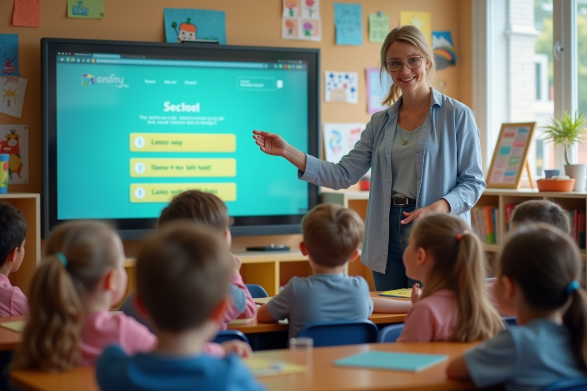 Enseignante guidant des enfants autour d’un écran interactif en classe