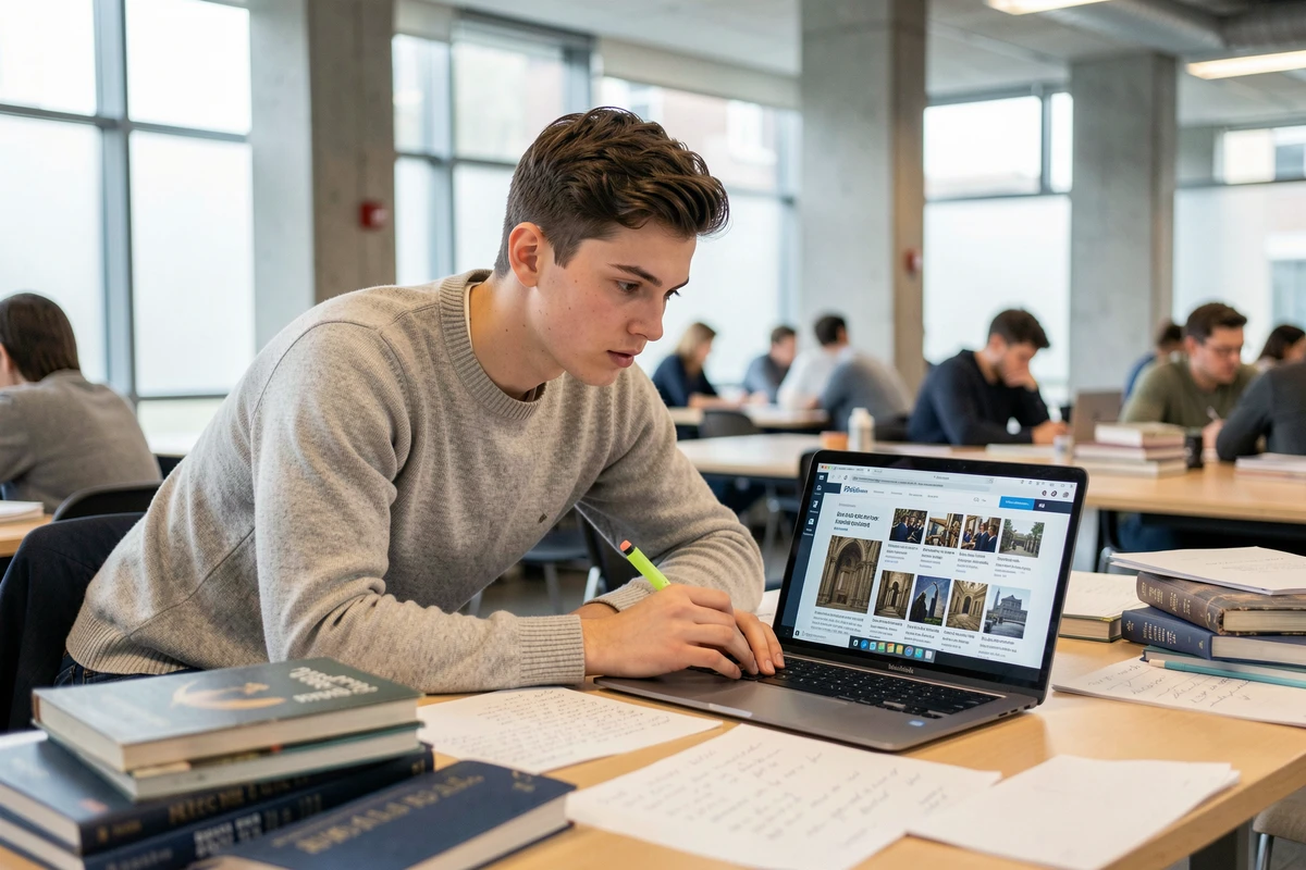 Étudiant en droit recherchant des ressources juridiques historiques sur un site de référence en ligne dans une salle d'étude universitaire