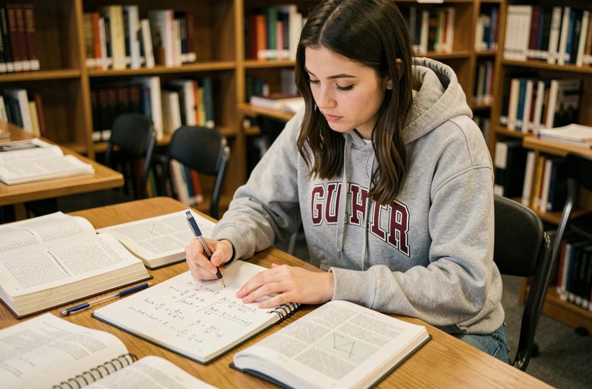Étudiante calculant des formules de travail et d'énergie dans une bibliothèque universitaire avec des manuels de physique ouverts